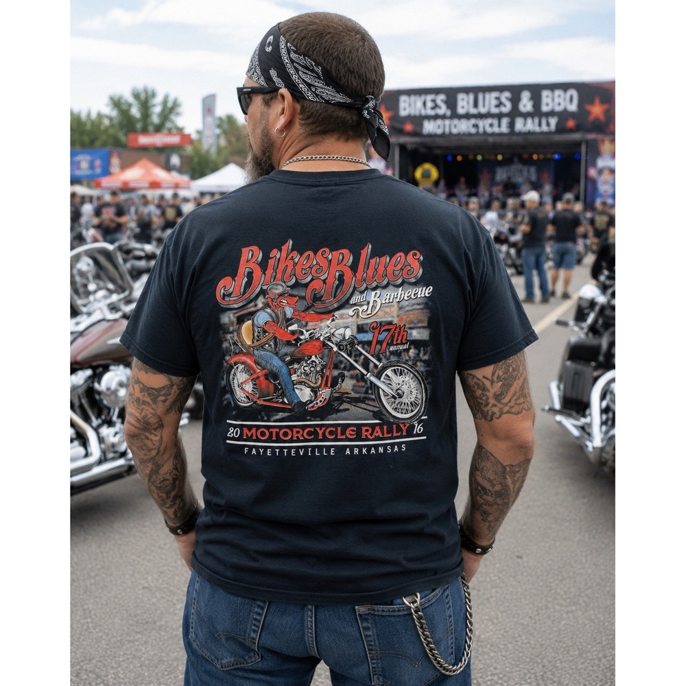 Bikes Blues & BBQ 2016 17th Annual Motorcycle Rally Biker Graphic T-shirt Sz L